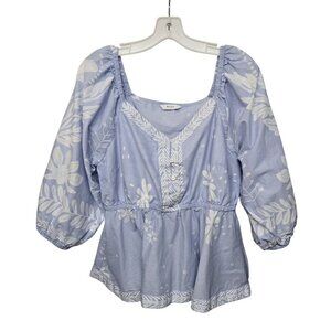 Babydoll Peplum Blouse Large Puff 3/4 Sleeve Cotton Floral Print Boho Periwinkle